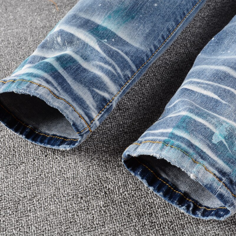 Streetwear Mannen Jeans Slim Fit Blauwe Verf Vernietigd Ripped Jeans Mannen Biker Broek Streetwear Hip Hop Jeans Homme