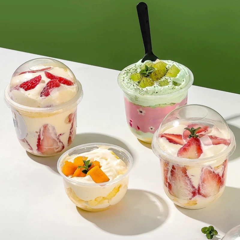 50ST Engångs Plastmuggar med Lock - 250ml 360ml 500ml - Transparent Behållare för Drycker, Desserter, Glass