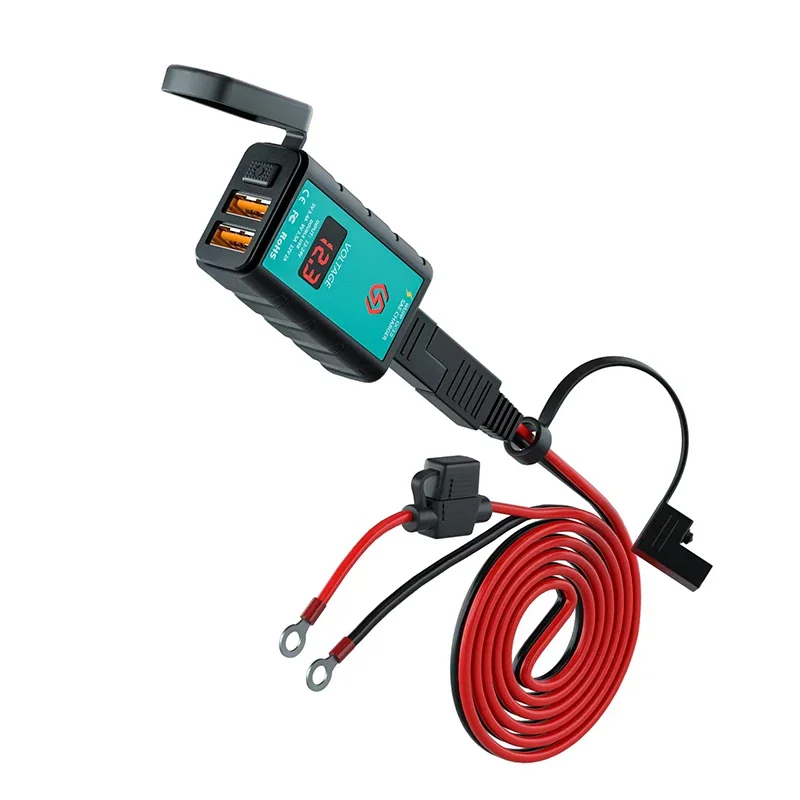 12V USB Motorcycle Charger Waterproof Switch With Voltmeter Fast Charging Adapter SAE To USB Type-C Socket Motorbike Accessories: B 1.4M dual QC3.0