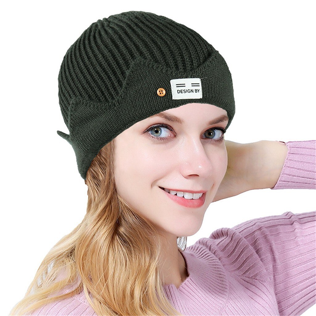 Women Soild India Stretch Turban Hat Button Wool Hair Loss Head Scarf Wrap Autumn Winter Warm Earmuff Colorful Crown Caps