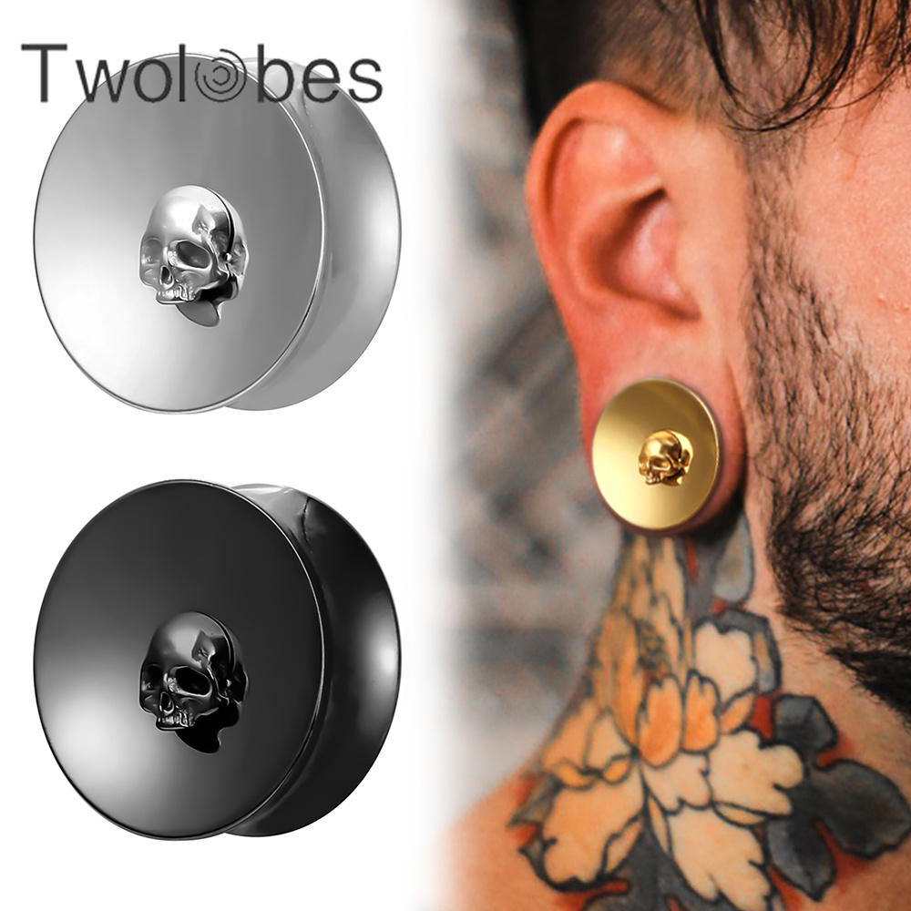 Twolobes, 2 uds., medidores de oreja de acero inoxidable, túneles, expansor, Piercing, mujeres, hombres, joyería corporal, tapones, camilla, calavera redonda
