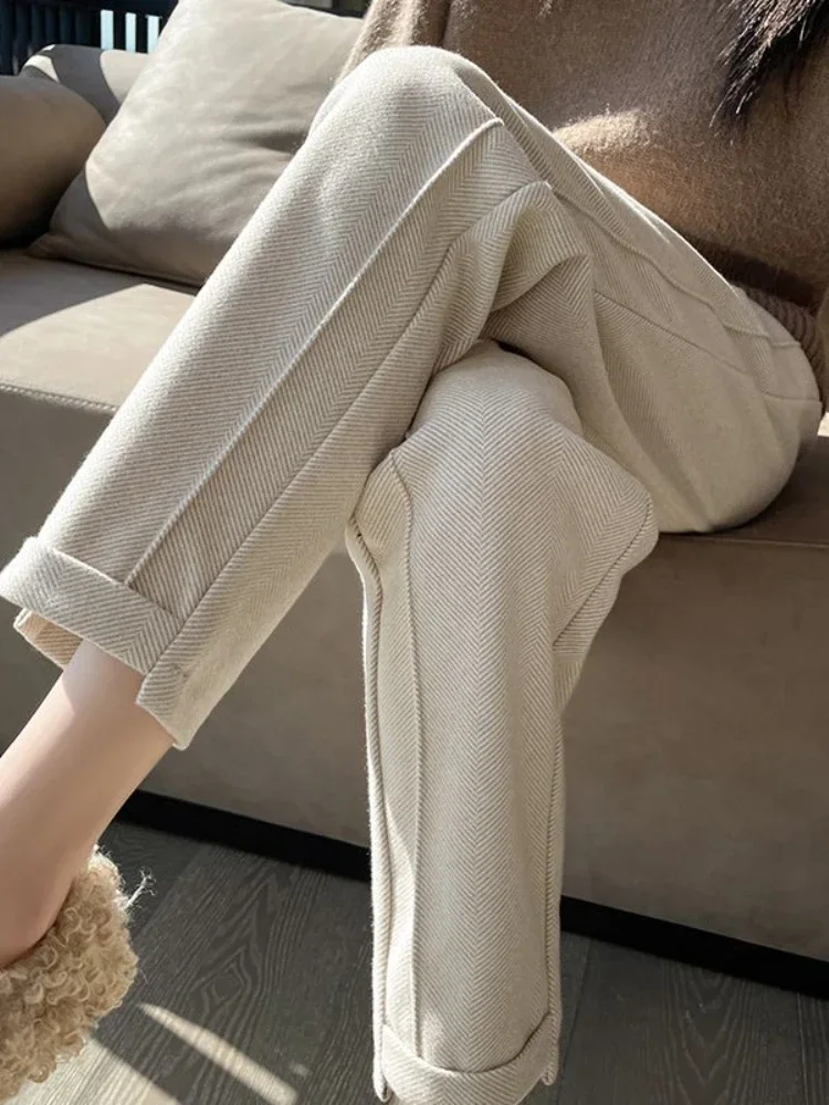 Pantalones rectos de Tweed de cintura alta para mujer, pantalón corto grueso y cálido, holgado, informal, en espiga, otoño/invierno, 2025