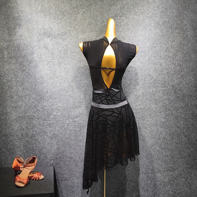 Latin Dans Jurk Sexy Zwarte Mouwloze Backless Holle Stiksels Mesh Elegante Rumba Chacha Samba Concurrentie Praktijk Jurk