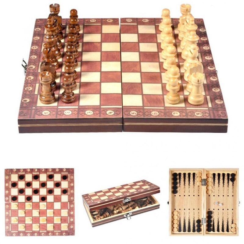 Set di scacchi e dama in legno 3 in 1 Set di scacchi da 15 pollici per Set di scacchi per principianti pieghevoli portatili da viaggio per bambini adulti