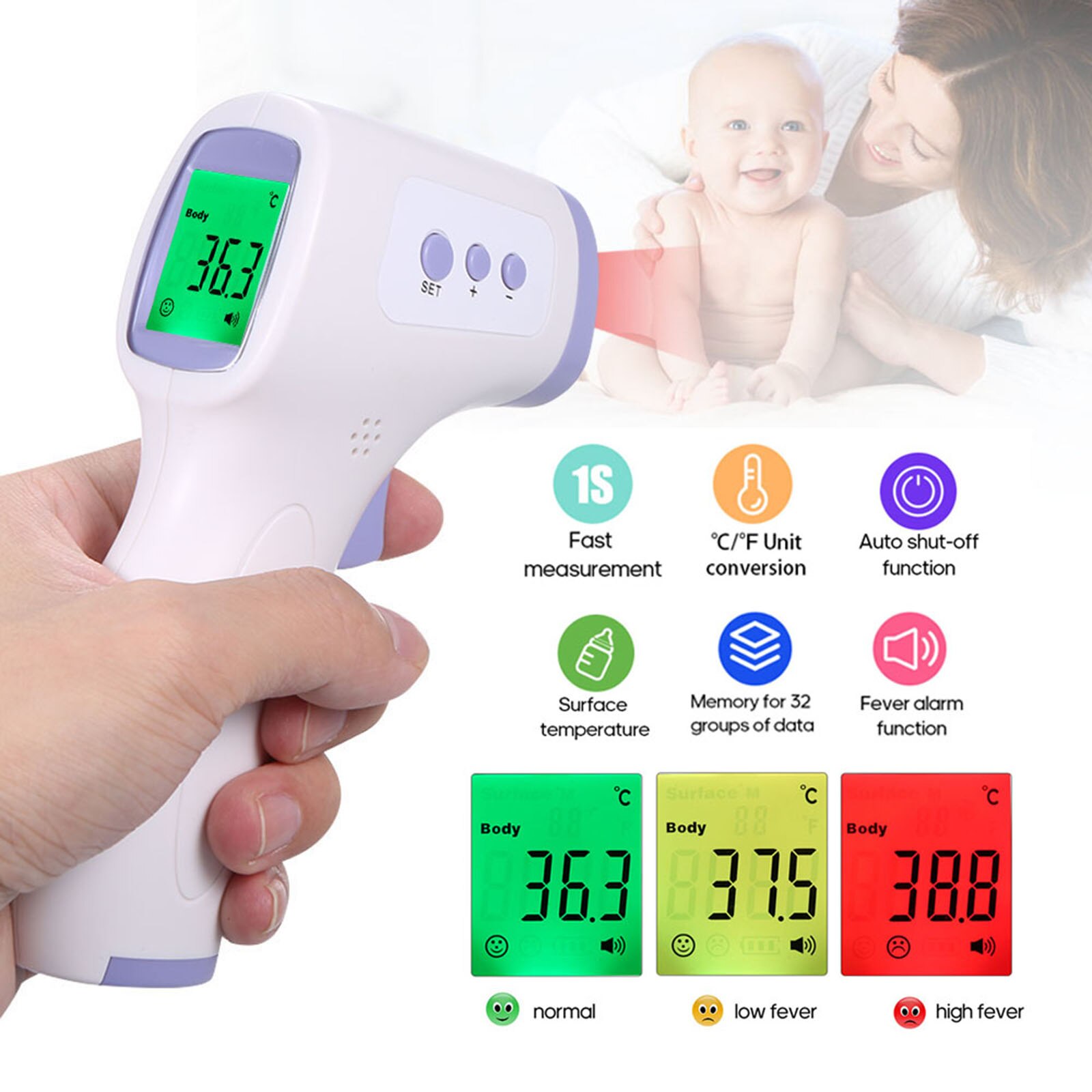 Portable 1/2pcs Fingertip Pulse Oximeter Mini SpO2 Monitor Oxygen Saturation Monitor +Non-Contact Digital Forehead Thermometer