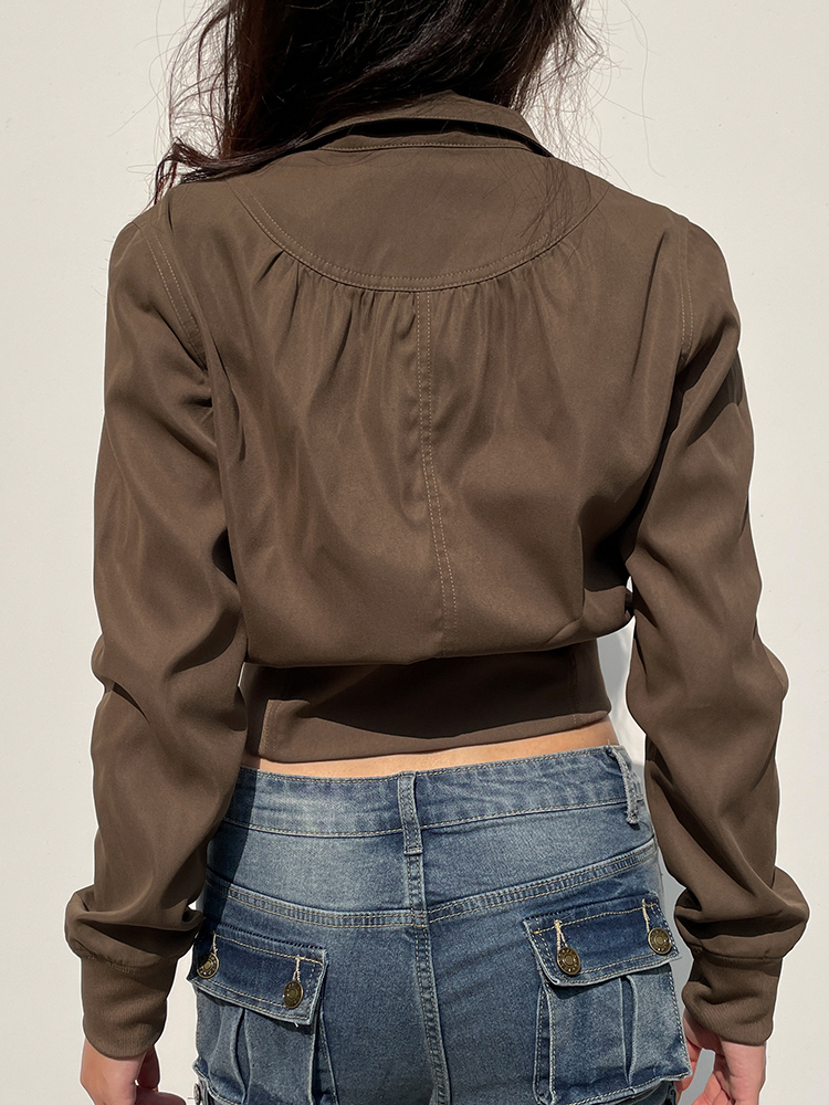 Braune Reiß verschluss Stand Kragen Taschen Langarm Ladung Jacken Frauen Jahrgang lässig Streetwear