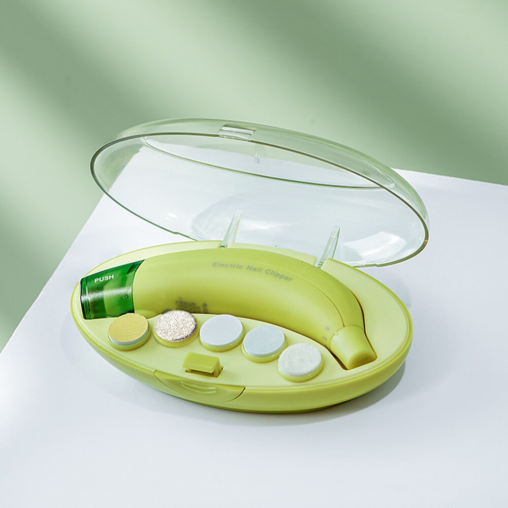 Bc babycare bærbar elektrisk baby negleklipper trimmer banan børn sikker manicure pedicure cutter saks lys negleplejesæt: Grøn