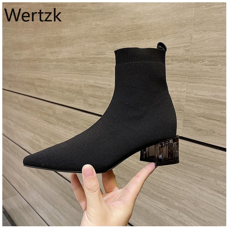 Vrouwen Sok Laarzen Dames Mesh Schoenen Ademend Vrouw Casual Comfortabele Boot Vrouwelijke Mid Dikke Hakken Schoeisel Zapatos De Mujer