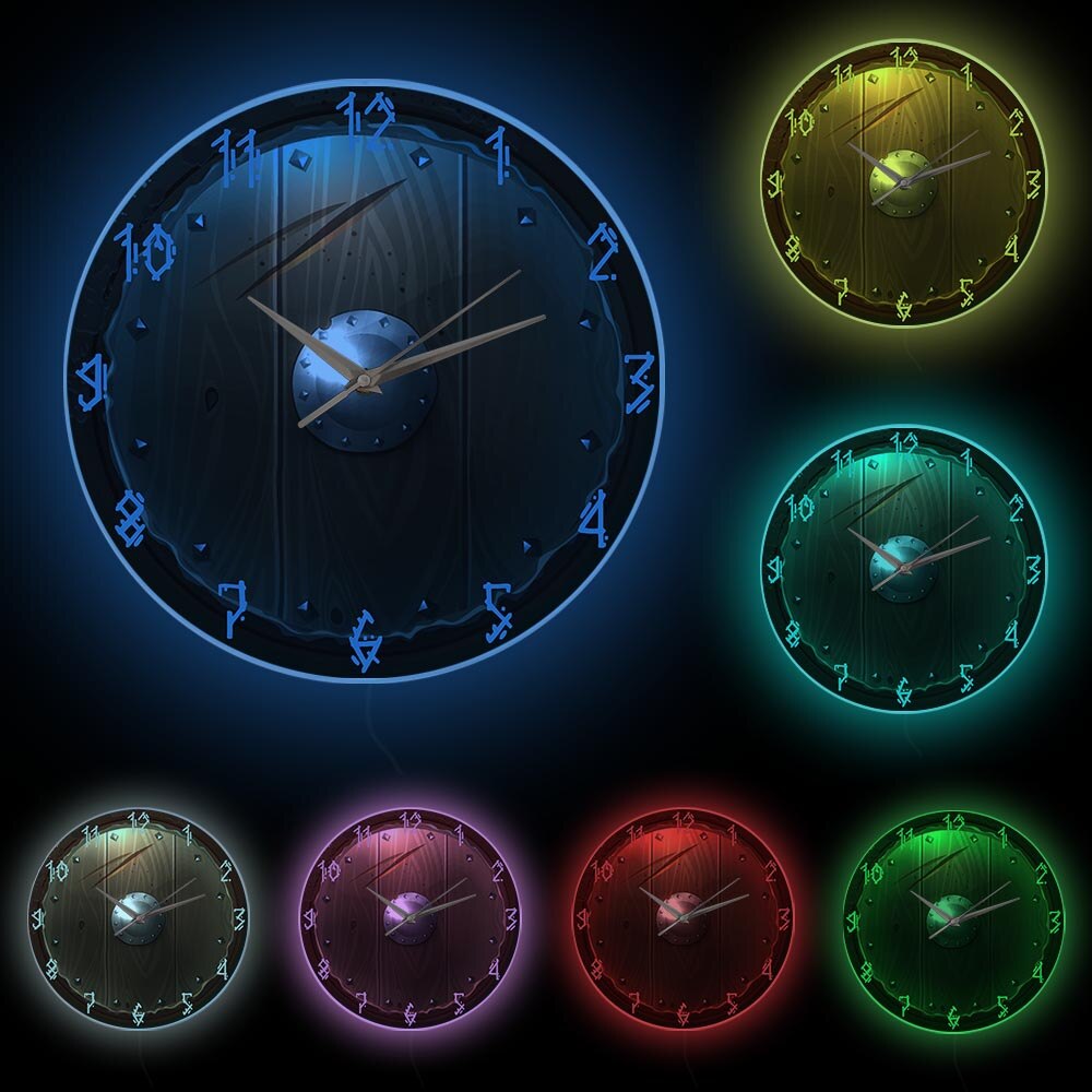 Barbarian Shield Indoor Silent Movement Wall Clock 3D Vision Hanging Wall Watch Viking Barbarian Medieval Man Cave Home Decor: White Frame With LED