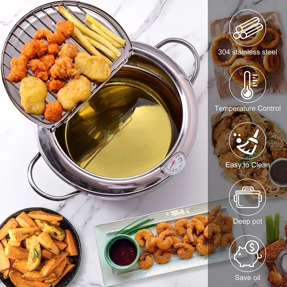 Fryer Pot with Thermometer Tempura Fryer Pan Kitchen Deep Frying Pot With Oil Drain Rack Kitchen Utensils Cookware
