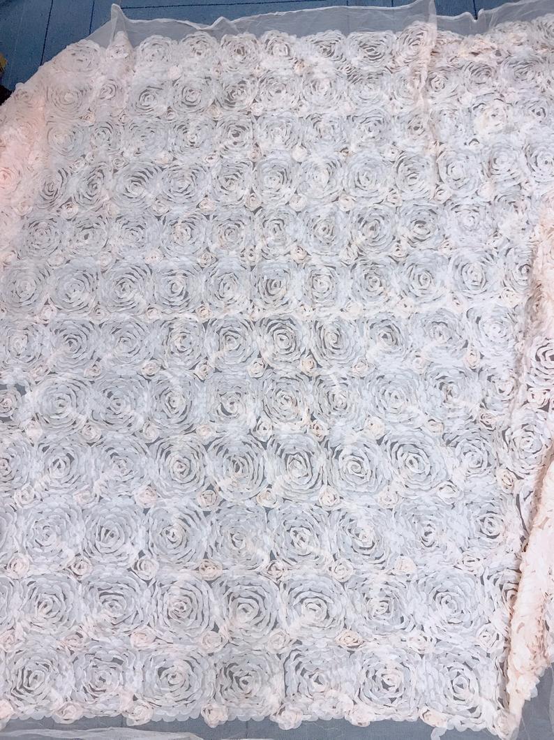 1 Yard Peach Pink Rosette Fabric Lace, Chiffon Rosette Fabric for Wedding decor, Table overlay, Rosette backdrop
