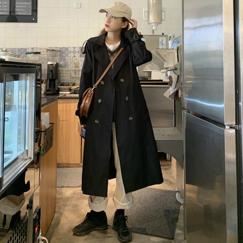 Trench kvinners høst solid dobbeltspent lang stil belte koreansk versjon løs leisre daglig streetwear kvinnelig klassisk kåpe