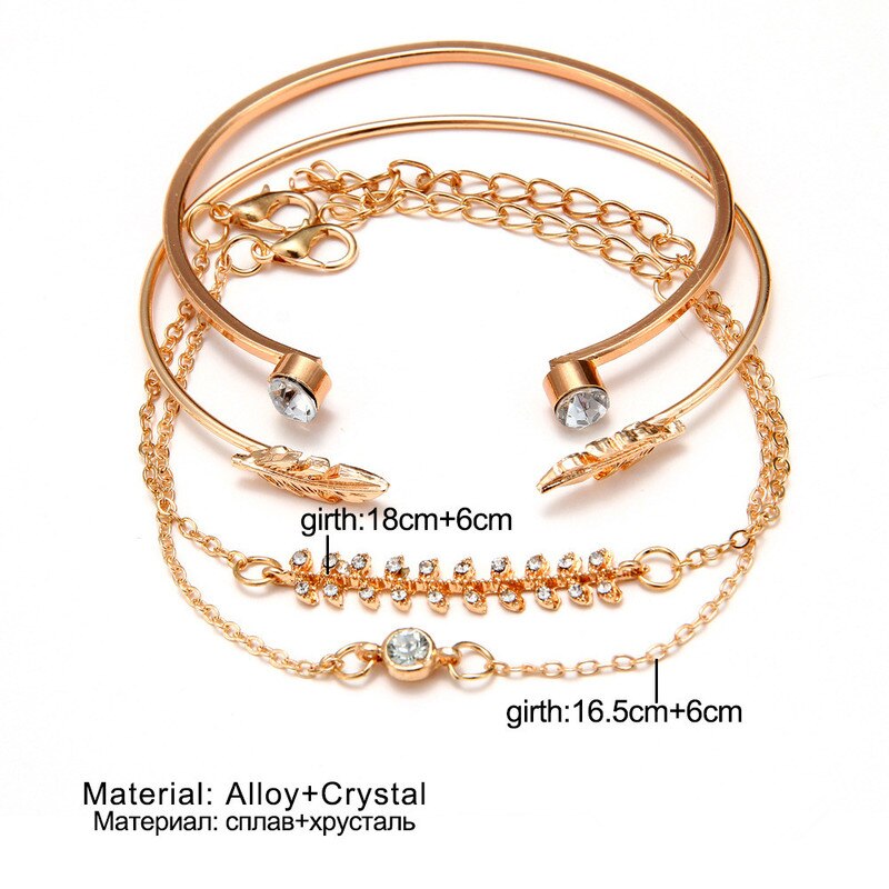 4 Pcs/set Women's Crystal Leaves Geometric Chain Gold Bracelet Set Bohemian Vintage Jewelry Whole