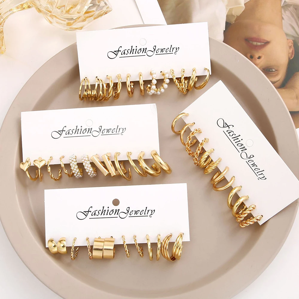 Boho Big Circle Hoop Earring Set for Women, Gold Color Bohemia Vintage Pearl Earring, Heart Zircon Ear Studs Jewelry