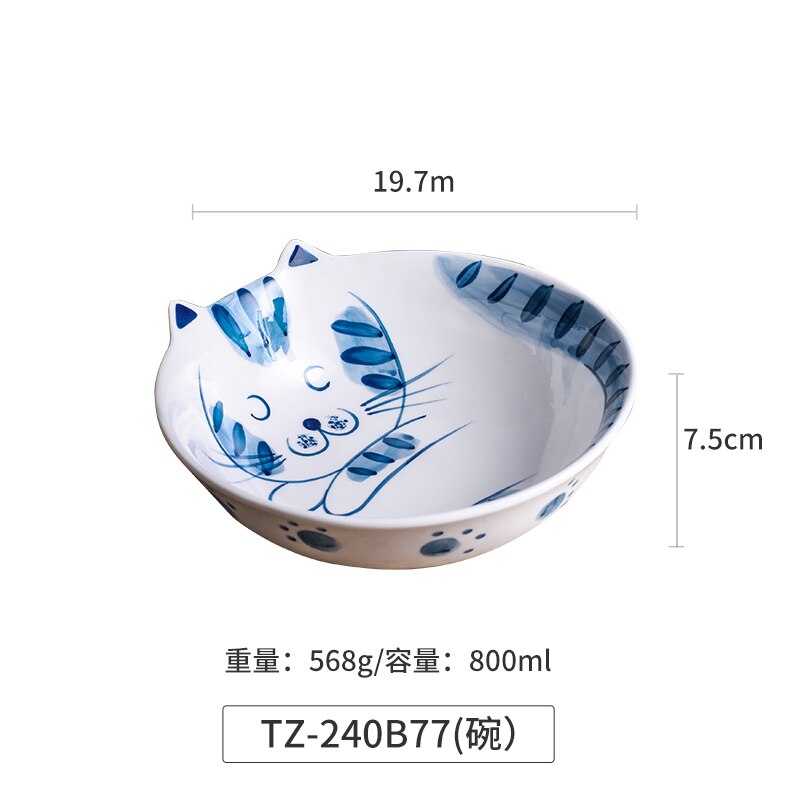 Japansk keramik tecknad katt porslin ris skål krydda maträtt minimalistisk hem hotell restaurang rund mellanmål dessert sushi tallrik: D -800ml