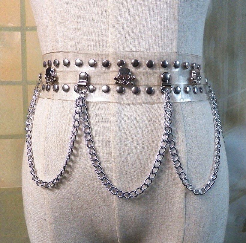 Cinturones Punk Rock para chicas góticas, cinturón de cadena con remaches de Calavera, hebilla de cinturón de cuero PU: Transparent Belt