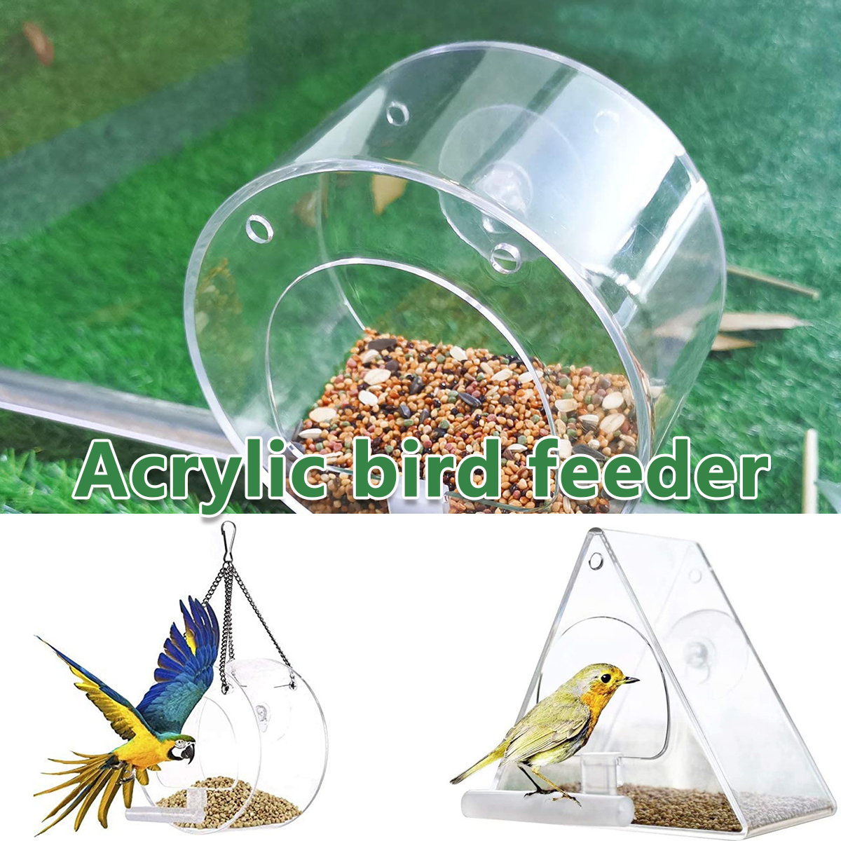 Comedero colgante para pájaros salvajes, estación de alimentación acrílica redonda transparente, contenedor de alimentos para exteriores, fuera de la ventana con ventosa para cardinales