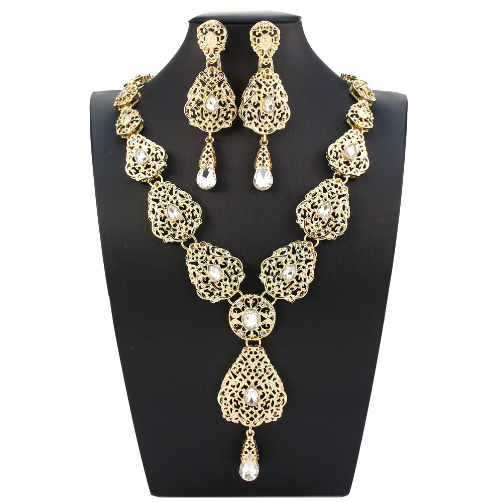 Algerije Marokko Sieraden Sets Lange Oorbel Ketting Set Voor Vrouwen Holle Arabesque Hanger Ketting Goud Kleur Bruid Sieraden: Imitation Rhodium Plated