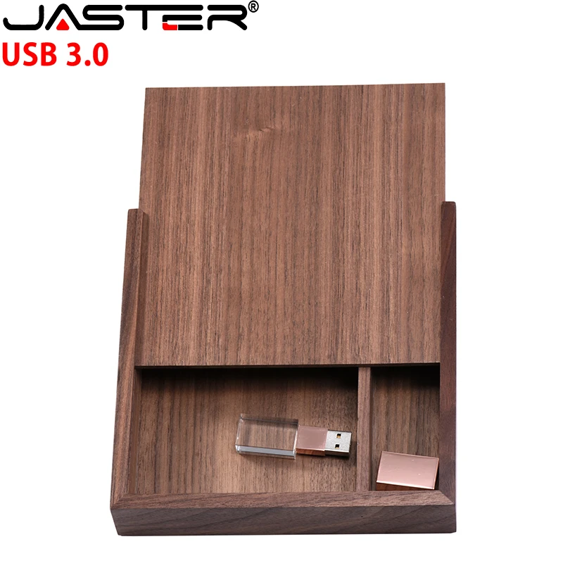 JASTER USB 3.0 Flash Drive Crystal walnut wood box Pen Drive Free custom logo Memory Stick Photography Wedding Pendrive 64G