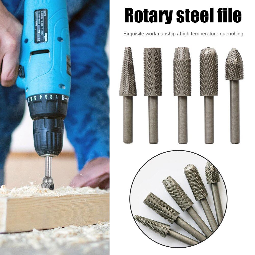 5pcs Woodworking Steel Rotary Rasp File Drill Bit Shank Rotor Files Rasp Burrs Wood Bit Grinding Power Carving Hand Carving Tool
