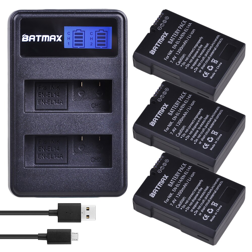 2 batteries ENEL14 EN EL14 a + LCD, double chargeur USB pour Nikon D3100 D3200 D3300 D5100 D5200 D5300 P7000: 3 Battery 1 Charger