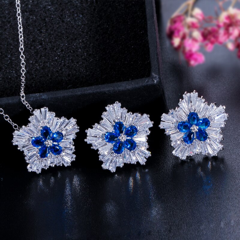 Cwwzircons Dames Mode-sieraden Aaa Zirconia Sneeuw Bloem Hanger Ketting Earring Sets Voor Vrouwen T208