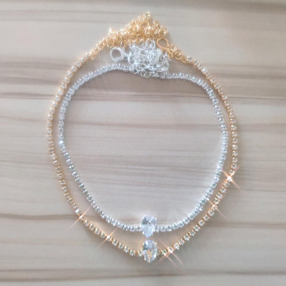 GLAMing Crystal Zircon Choker Necklace for Women Gold Chain Bling Water Shaped Silver-plated Tennis Chain Necklace Collar