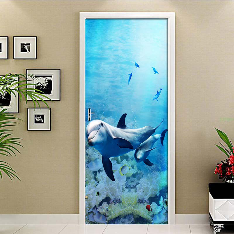 Dolphin adesivo de parede 3d 2 pçs/set, adesivo de parede azul marinho, à prova d'água, decalque de parede para casa e porta decalques em forma de
