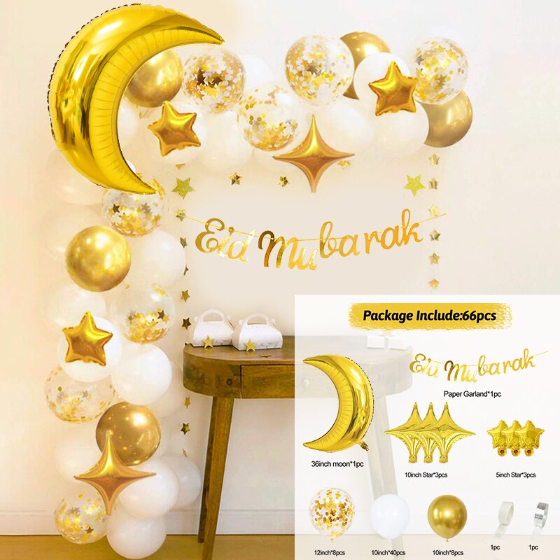 66Pcs/set Eid Mubarak Banner Moon Star Balloon Arch Garland Islamic Muslim Party Eid Al Adha Ramadan Kareem Decoration for Home: Eid Mubarak Set