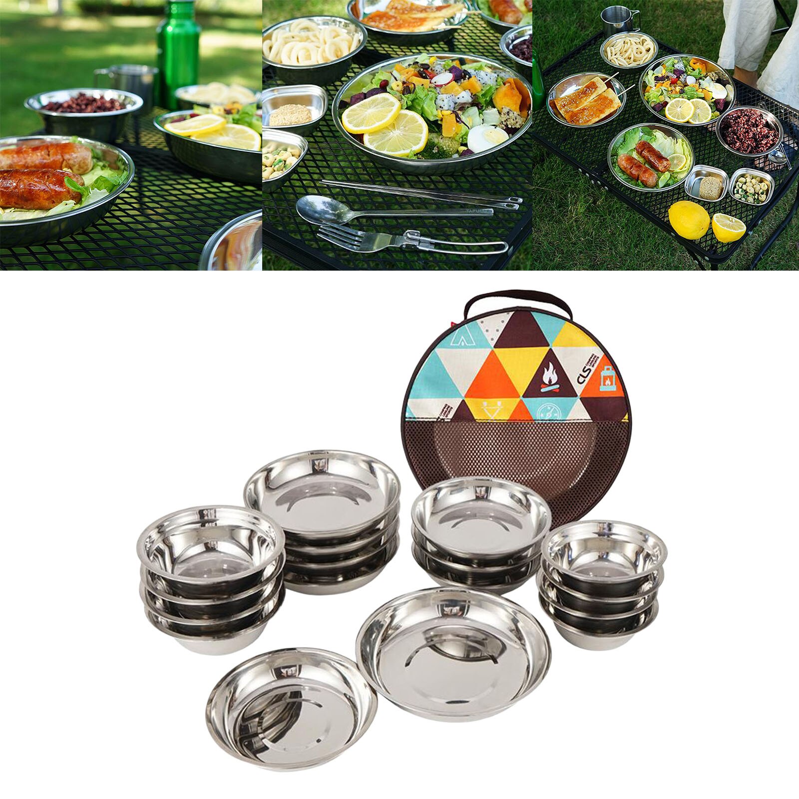 3-5 Persons Stainless Steel Tableware Mess Kit Includes Plate Bowl & Mesh Travel Bag for Backpacking & Camping