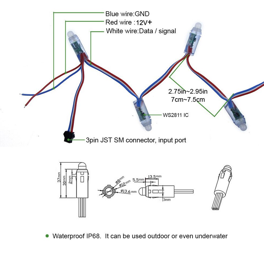50pcs WS2811 IC RGB addressable LED Pixels Module String 5V 12V 12mm Waterproof IP68 Digital Full Color lamp Holidays/Festival