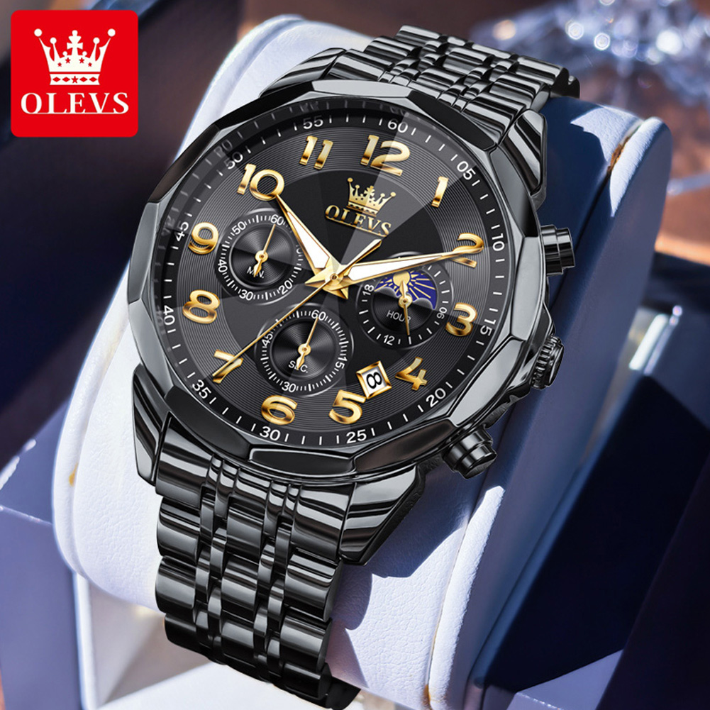 OLEVS 3676 Herenhorloge Quartz Horloge Multifunctionele Chronograaf Waterdicht Lichtgevende Maanfase Horloge Heren Originele Reloj: Ivoor