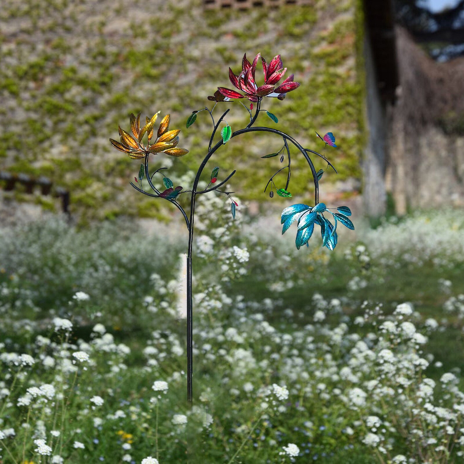 Vwlvrsco Große Metall Wind Spinner Mit Drei Spinnen Blumen und Schmetterlinge Windmühle Wind Skulptur, Wind Spinner für draussen