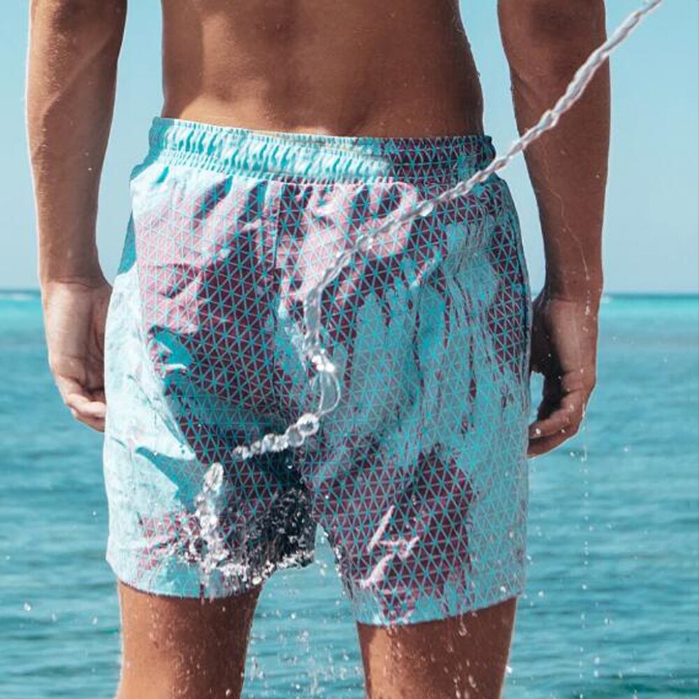 Men Quick Dry Beach Shorts-Lattice Drawstring Color Changing Nylon travel Beach Shorts Swimming Trunks