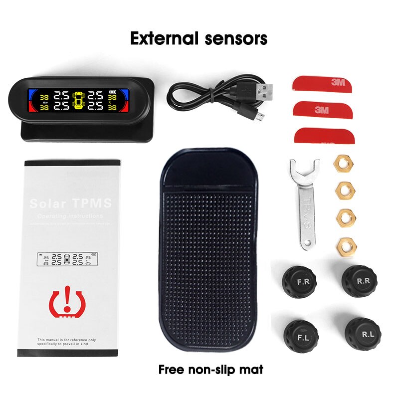 Tpms Groter Scherm Kleurrijke Display Draadloze Tpms 4 Sensoren Bandenspanning Temperatuur Alarm Monitoring Systeem Zonne-energie Opladen: External sensors