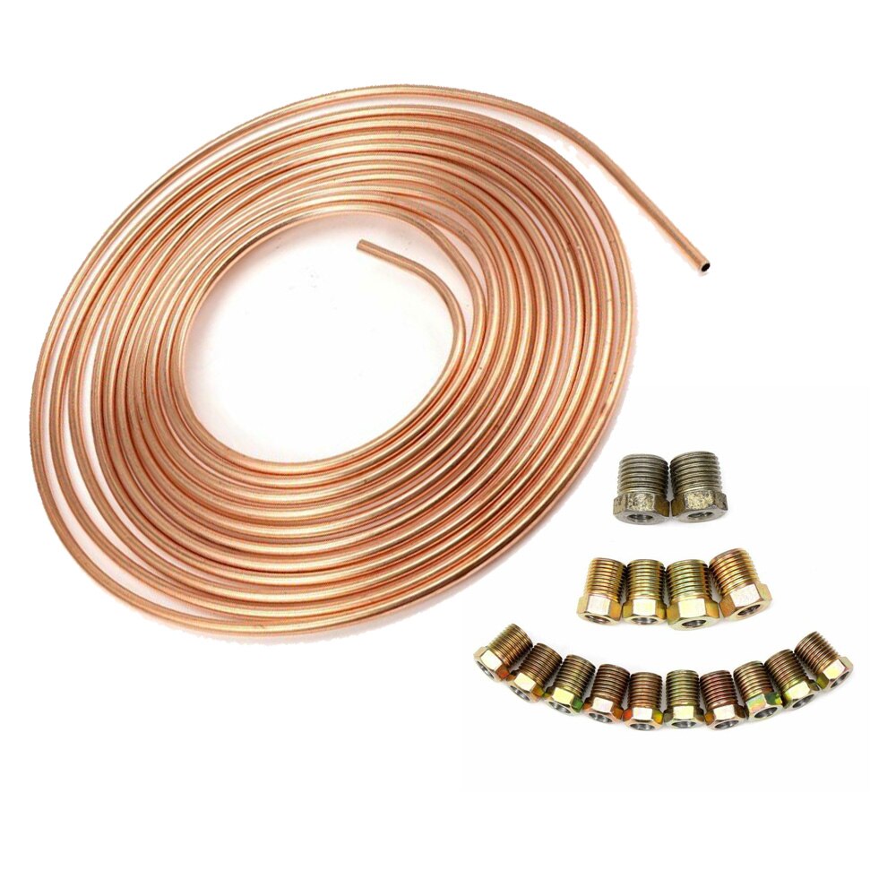 Car Brake Line Tubing Coil Roll &amp;Fittings 25ft 1/4 OD Steel Zinc Copper Nickel Brake Pipe Tube W/ Fittings 7.6 Meter