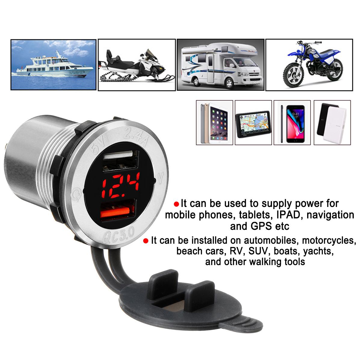 Med digitalt voltmeter amperemeter til motorcykel båd bil 12-24v billader stikkontakt qc -3.0 dobbelt usb display superhurtig opladning