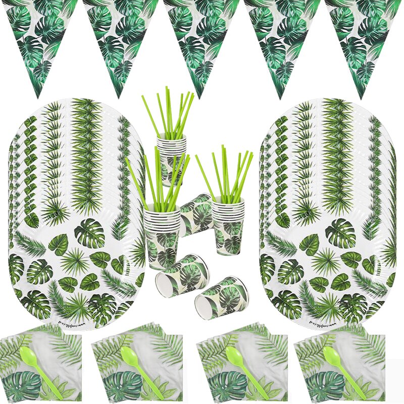 10pc Forest Plants Disposable Tableware Hyphosis Napkins Plates Tropic Hawaiian One 1st Happy Birthday Party Decor Kids Boy Girl