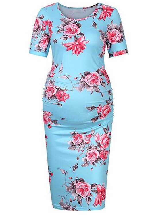 Summer Casual Women Short Sleeve Pregnant Maternity Dress Knee Length Flower Maternity Clothes Pregnancy Dress: sky blue / M