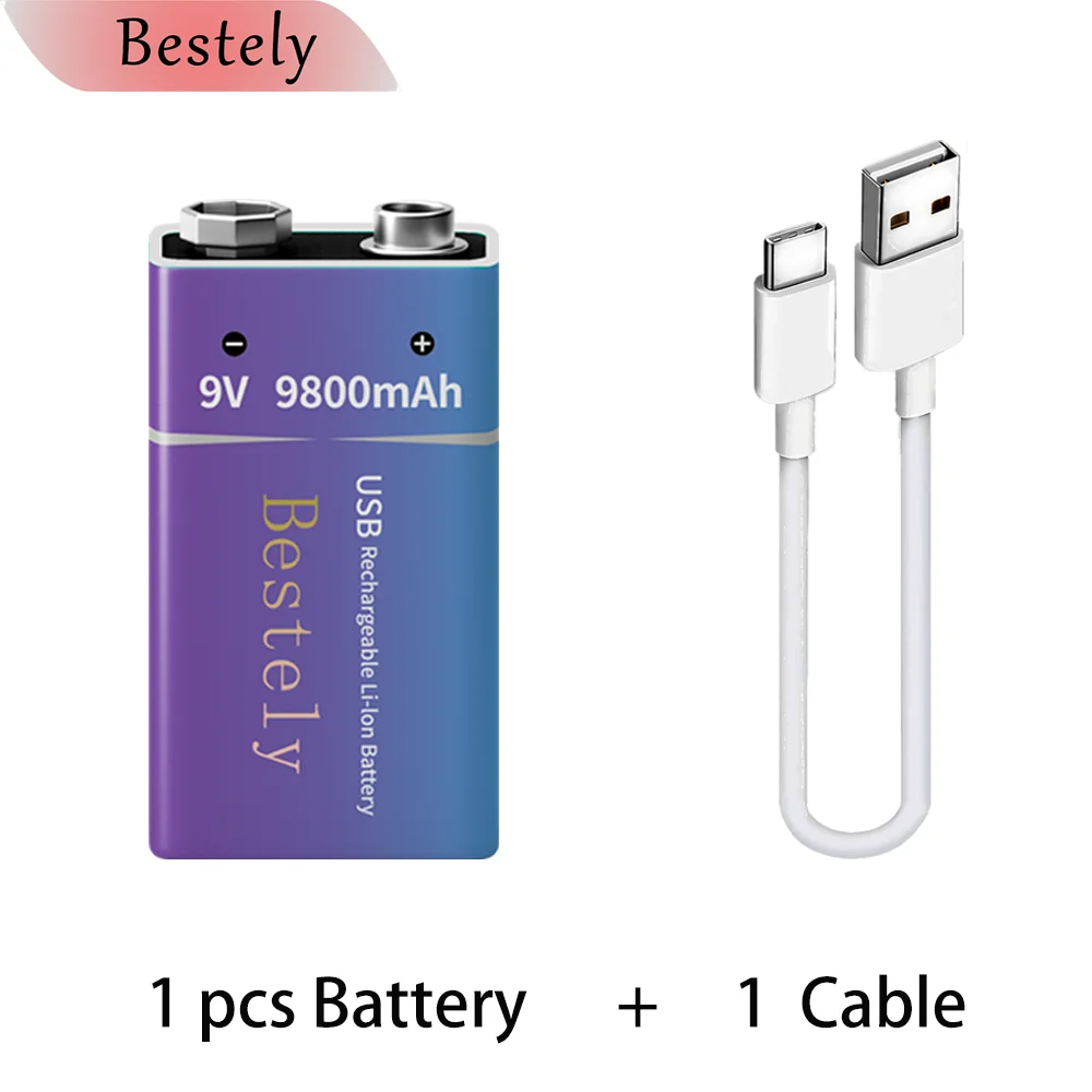9V Rechargeable Lithium Battery , 9800mAh Long Lasting 9v Li-ion Batteries with Cable ,for Smoke Detector,Alarms,Microphone: green