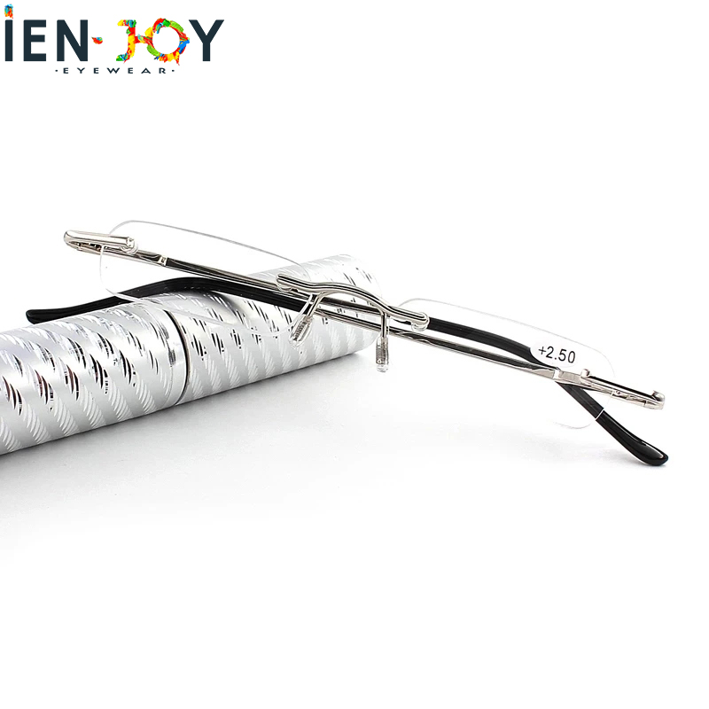 Ienjoy Mini Draagbare Leesbril Kleine Metalen Randloze Verziend Brillen Met Pen Tube Case Mini Lezen Brillen Mannen Vrouwen