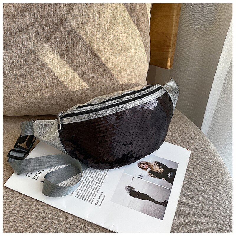 Sequin Waist Bag Women Glitter Fanny Pack for Girls Belt Bag Ladies Colorful Hip Bum Pouch Crossbody Chest with Adjustable Strap: Black