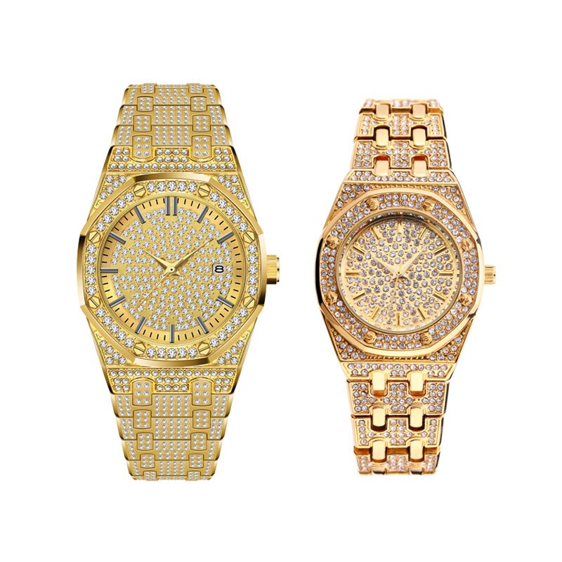 18K Gold Iced Out Lab Steentjes Luxe Rvs Analoge Quartz Waterdicht Minnaar Horloge Set Relogio masculino: Gold Set