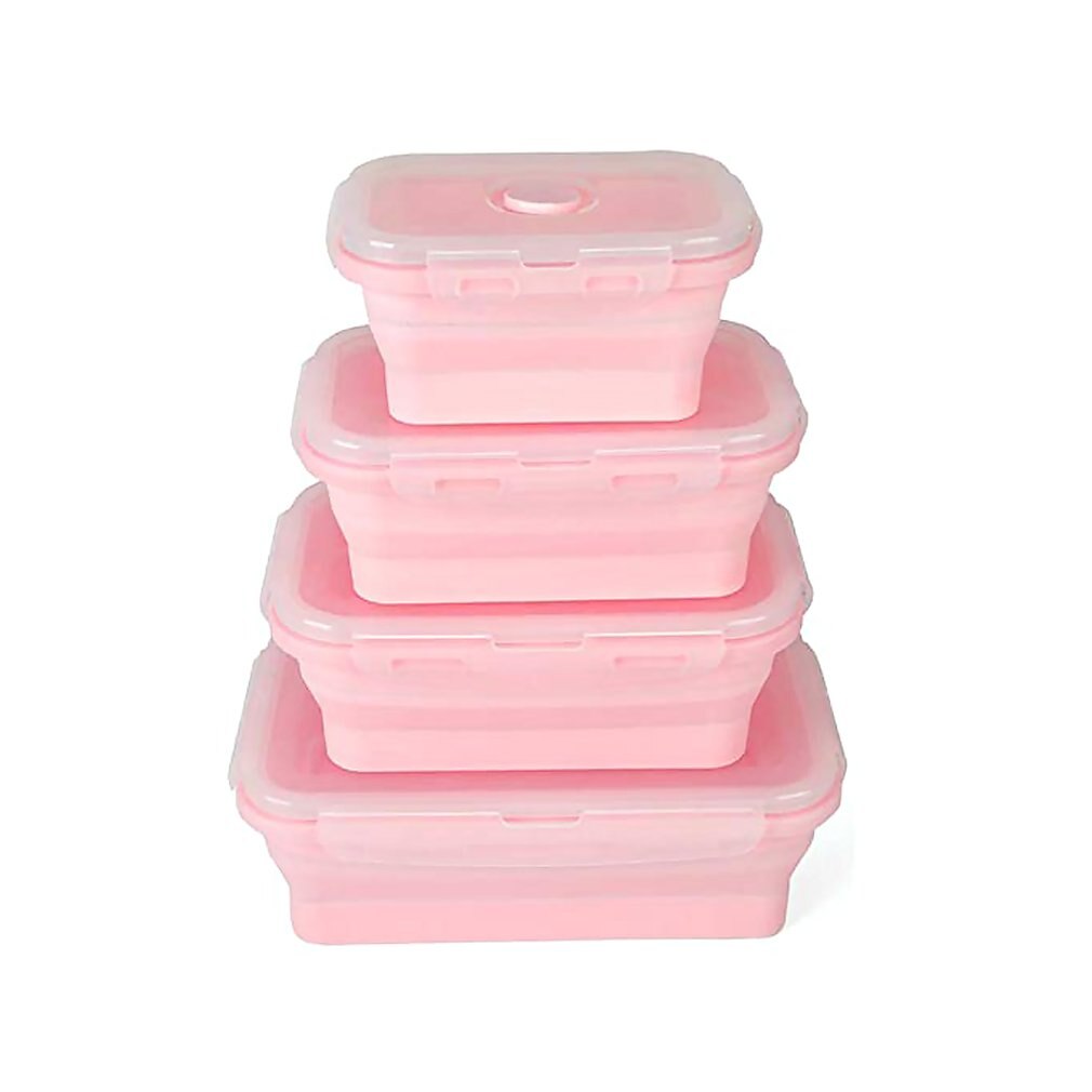 Fda 3/4 Pcs Draagbare Opvouwbare Lunchbox Vierkante Siliconen Lunchbox Magnetron Lunchbox Plastic Koelkast Hoge Temperatuur: Roze / 4