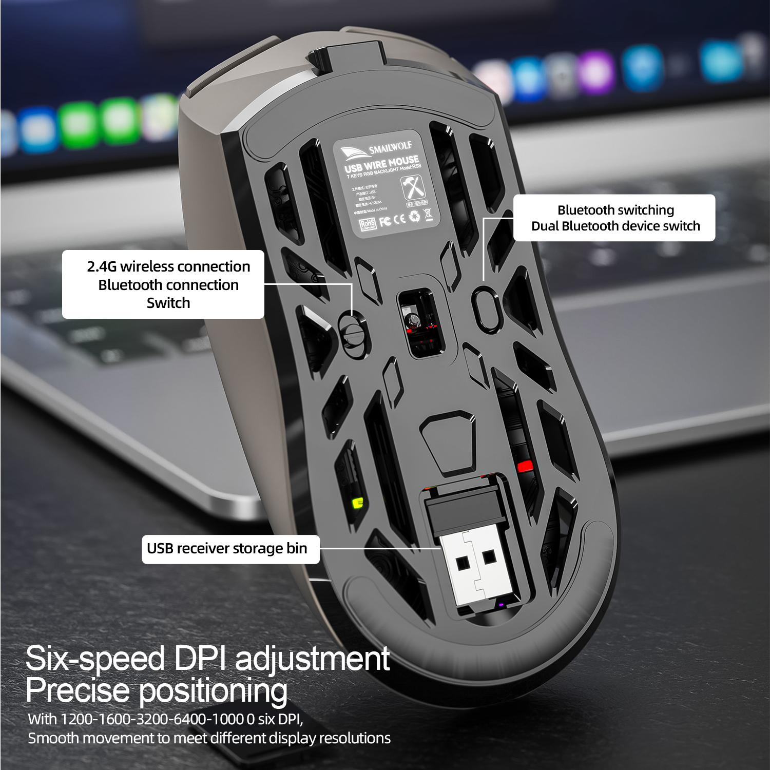 Ratón Bluetooth SMAILWOLF RS8 1000Hz, 10000dpi, conexión de tres modos, ratón macro ligero para juegos, ordenador portátil