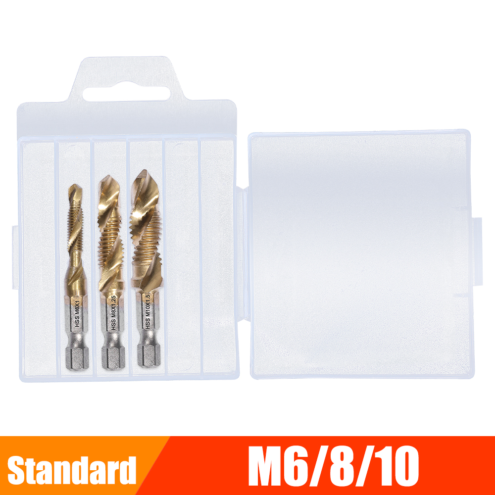Metric Thread Tap Drill Bits Set Hex Shank HSS Titanium Plated Screw Thread Combination Drill Tap M3 M4 M5 M6 M8 M10 Hand Tools: 3 PCS Gold Standard