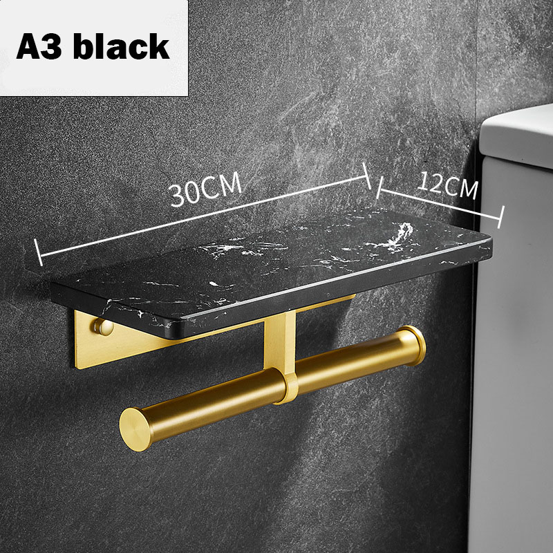 Porte-rouleau de papier essuie-tout en marbre doré, support mural de luxe pour téléphone portable, étagère de salle de bains, porte-papier toilette: Black A3