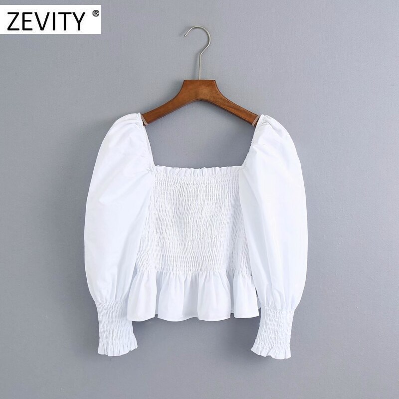 Zevity dames vierkante kraag elastische poplin smock blouse dames pofmouw slanke witte shirts chique cropped tops  ls7033: S