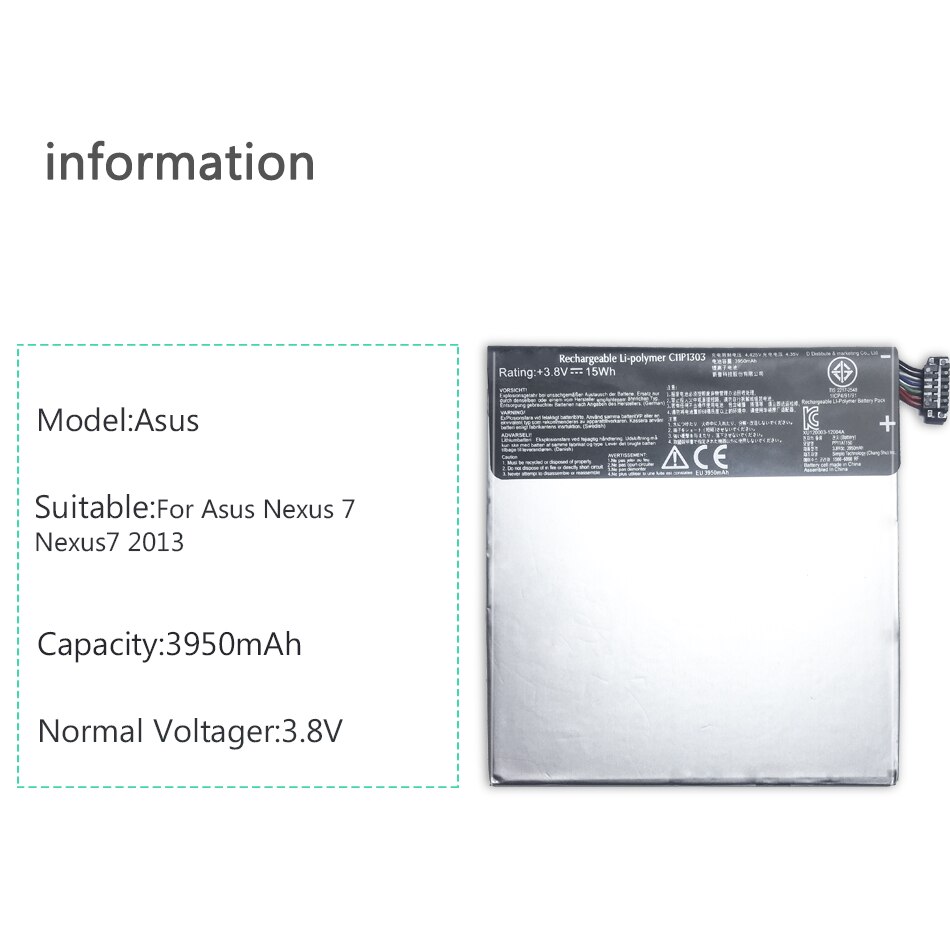 Para Asus Google Nexus 7 Ii 2 2nd Gen versión ME571 ME57K ME57KL K009 de reemplazo 3950mAh C11P1303 Tablet batería