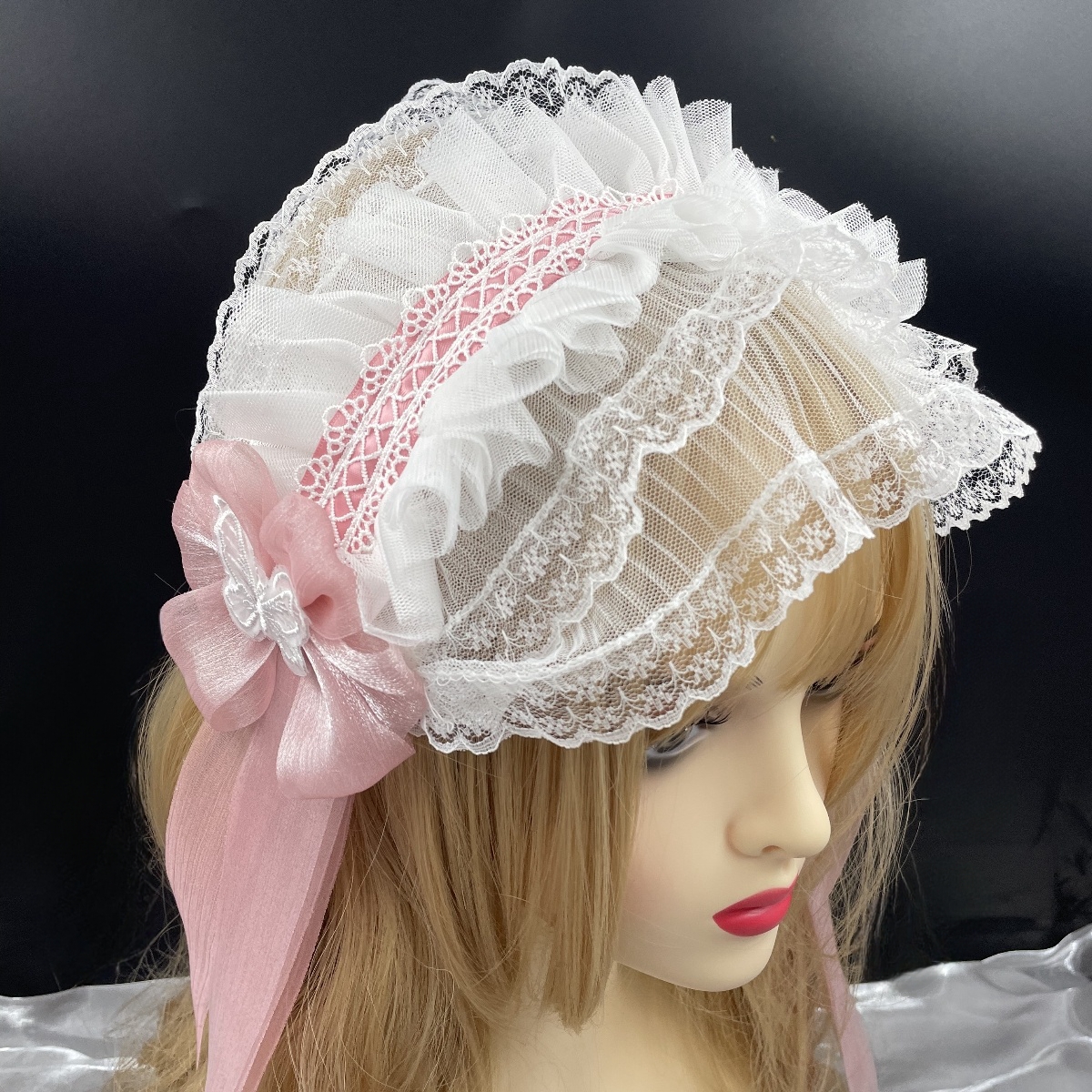 Cosplay Anime Gothic Lolita Maid Lace Headband Women Girls Ruffles Lace Flower Embroidery Hairband Headpiece Hair Hoop Accessory: Pink